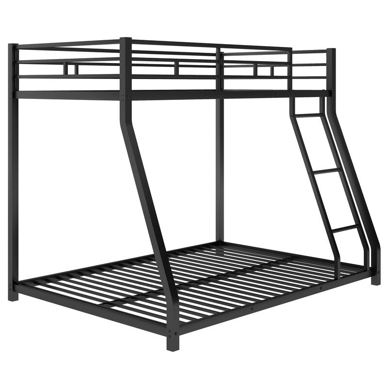 Twin over Full Bunk Bed, Floor Metal Bunk Bed with Full-Length Guardrail and Ladder, Metal Bed Frame, No Boxing Spring Needed