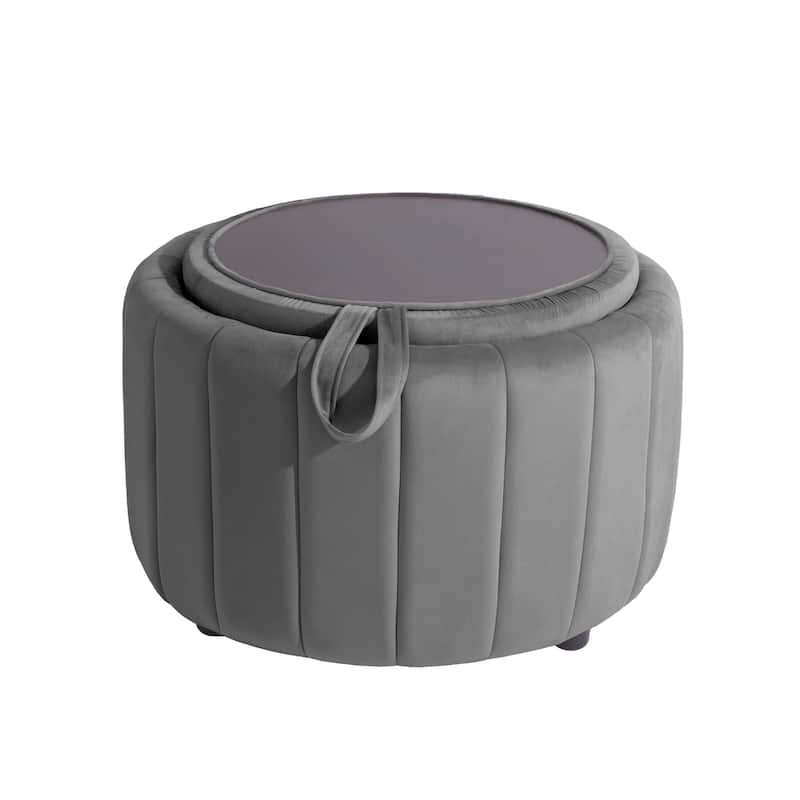 30" W Round Velvet Upholstered Storage Ottoman with Flip Top Tray