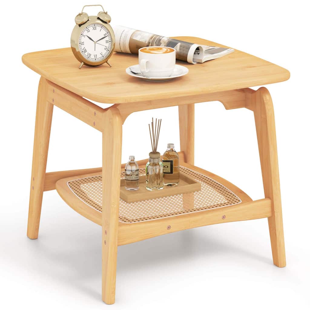 Costway 1/2 PCS Bamboo Sofa Side Table with Faux Rattan Storage Shelf