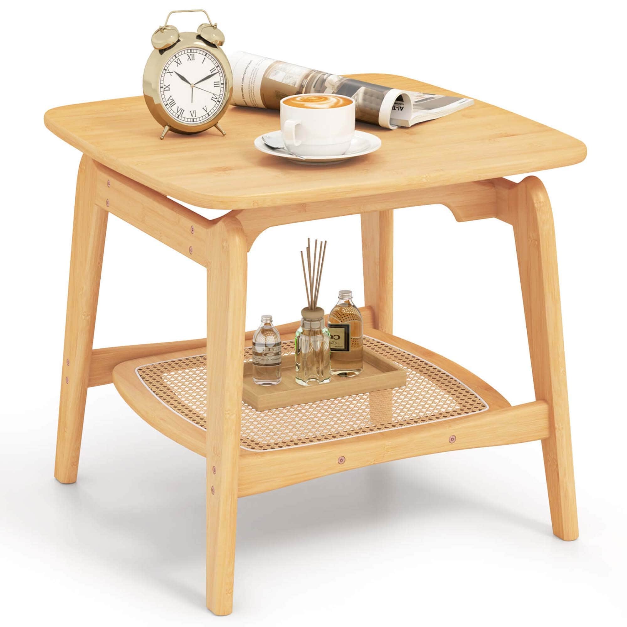 Costway 1/2 PCS Bamboo Sofa Side Table with Faux Rattan Storage Shelf