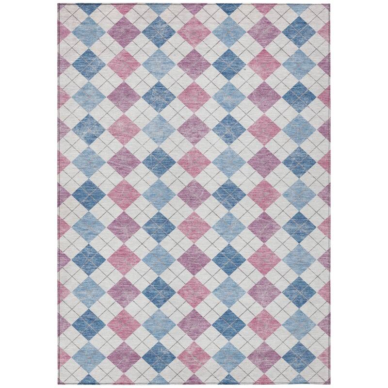 Machine Washable Indoor/ Outdoor Modern Plaid Chantille Rug