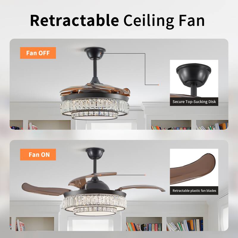 Ceiling Fan with 4 Retractable Blades and LED Light, 6-Speed Quiet Reversible DC Motor, Adjustable Color Temperature - Black
