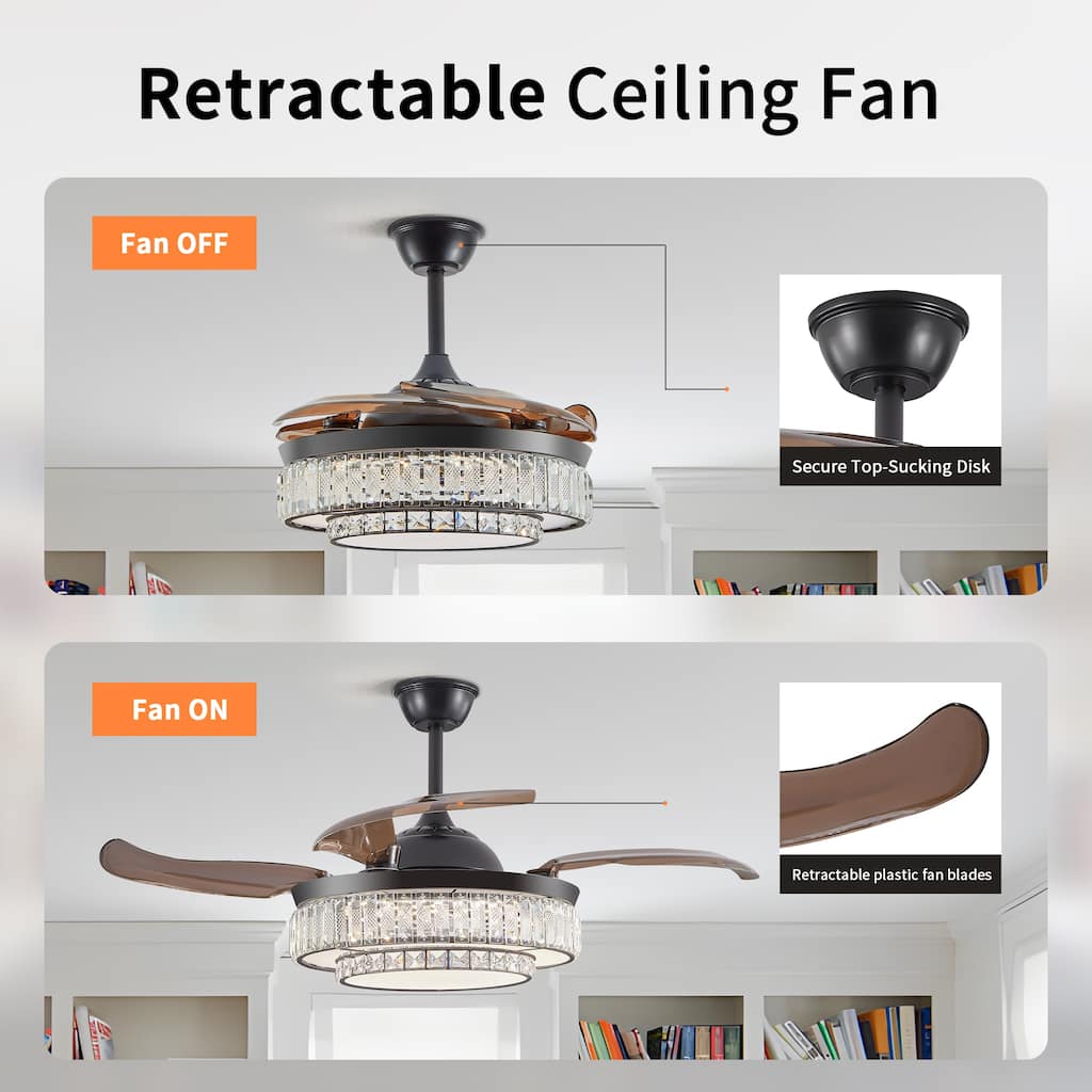 Ceiling Fan with 4 Retractable Blades and LED Light, 6-Speed Quiet Reversible DC Motor, Adjustable Color Temperature