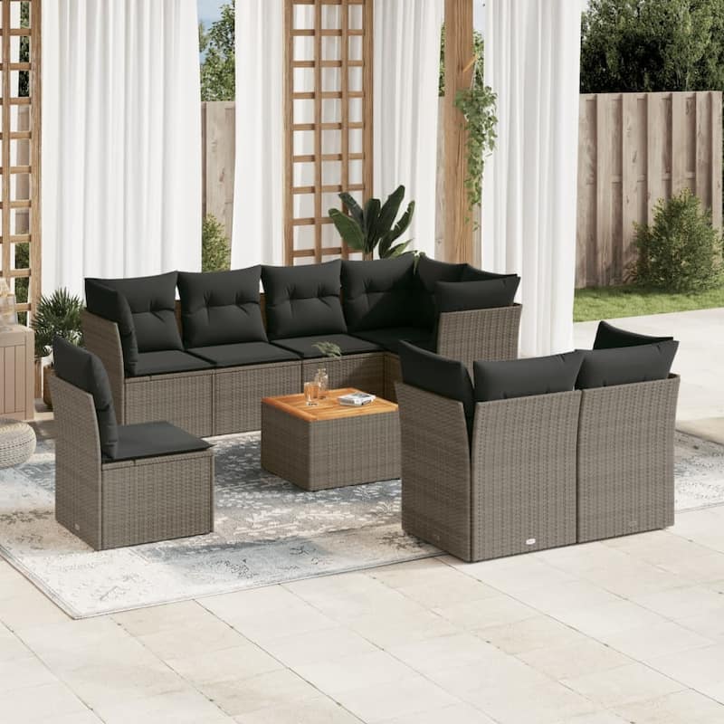 vidaXL Patio Sofa Set with Cushions Outdoor Furniture 9 Piece Poly Rattan - 21.7 x 21.7 x 14.6 - Grey-5x corner+Table+3x middle