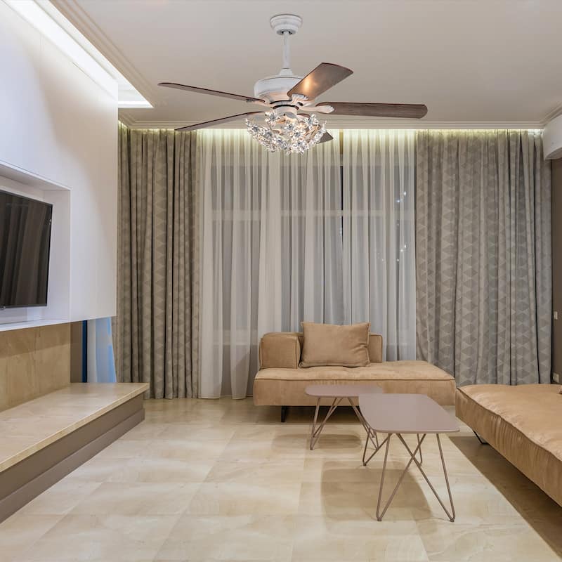 Praer Washed White 5-blade Lighted Ceiling Fan with Crystal Daisy Bouquet Shade