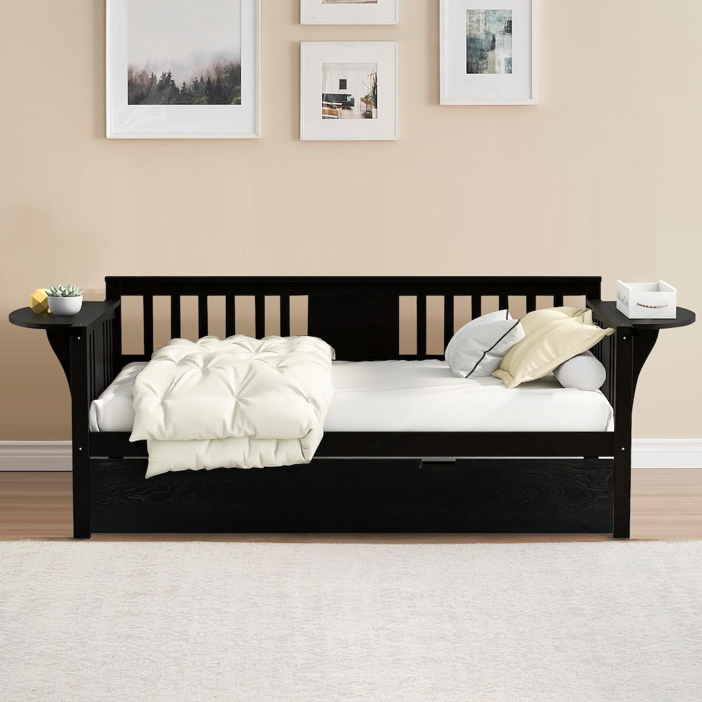 Vintage Chic Wooden Twin Size Daybed with Trundle Bed and Foldable Tables