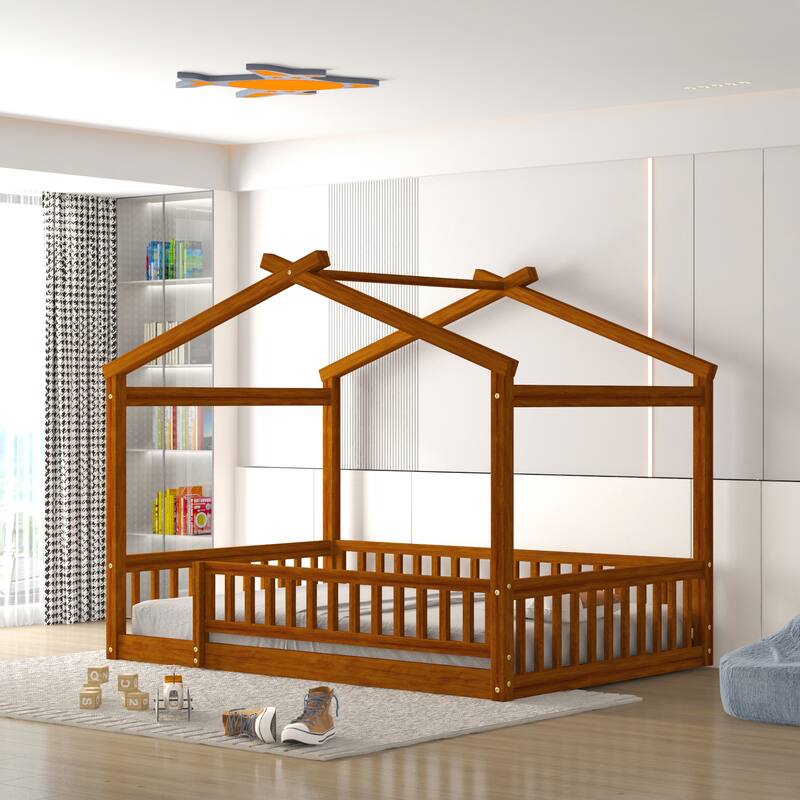 Full Size Wooden House Bed Frame with Fence for Kids and Teens, Walnut Finish - Walnut