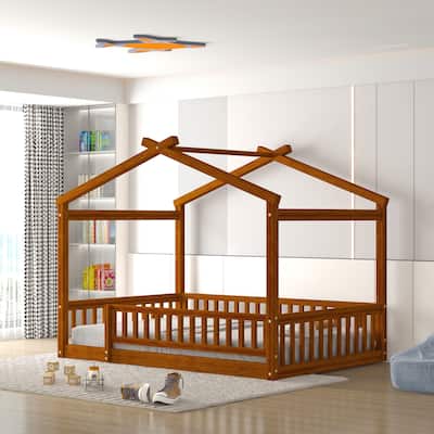 Walnut Full Size Wood House Bed Frame with Roof & Fence