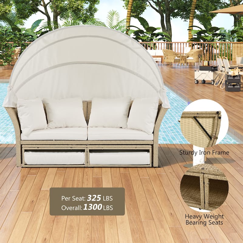 3 PCS Outdoor Patio Daybed, Daybed Round Sofa Furniture Set, with Retractable Canopy, 4 Pillows