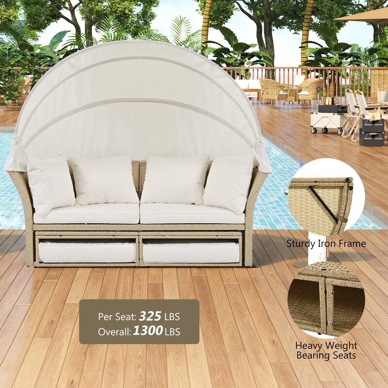 Beige Wicker Rattan Outdoor Patio Double Daybed with Retractable Canopy and 4 Pillows, Convertible Loveseat/Sofa Set