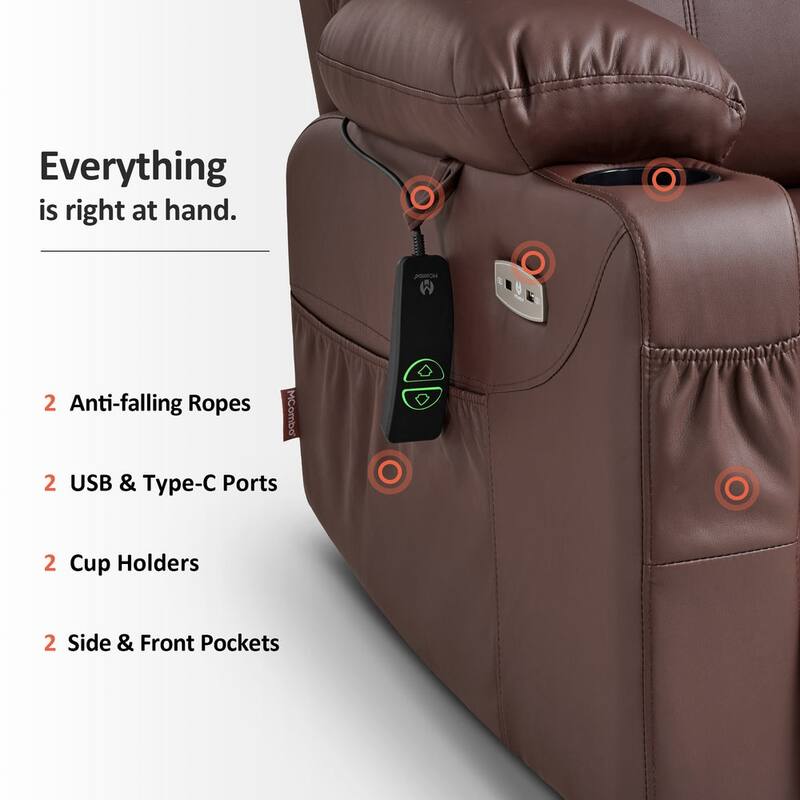MCombo Large Power Lift Recliner Leather Chair with Massage, Heat, Cup Holders,Extended Footrest, Leather 7516