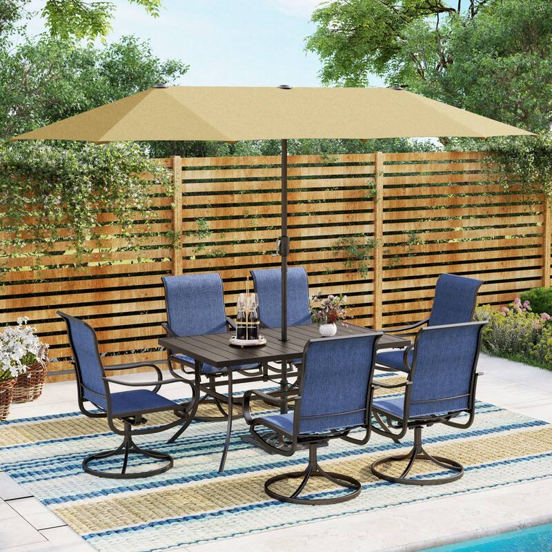 MAISON ARTS 7-piece Patio Dining Set with Textilene Swivel Chairs - Navy+Beige Umbrella