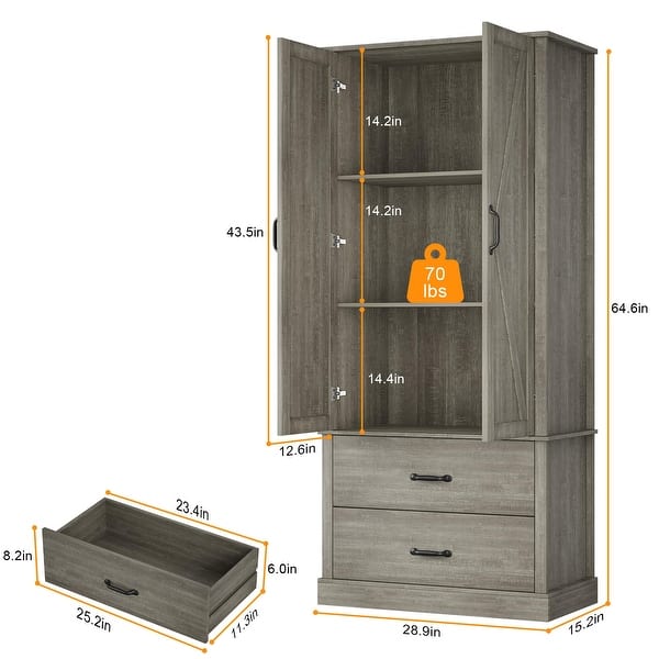dimension image slide 0 of 2, Kitchen Cabinet with Drawers and Door Cabinets, High Pantry Cabinets for Kitchen, Dining Room, Living Room - 28.9x15.2x64.6in