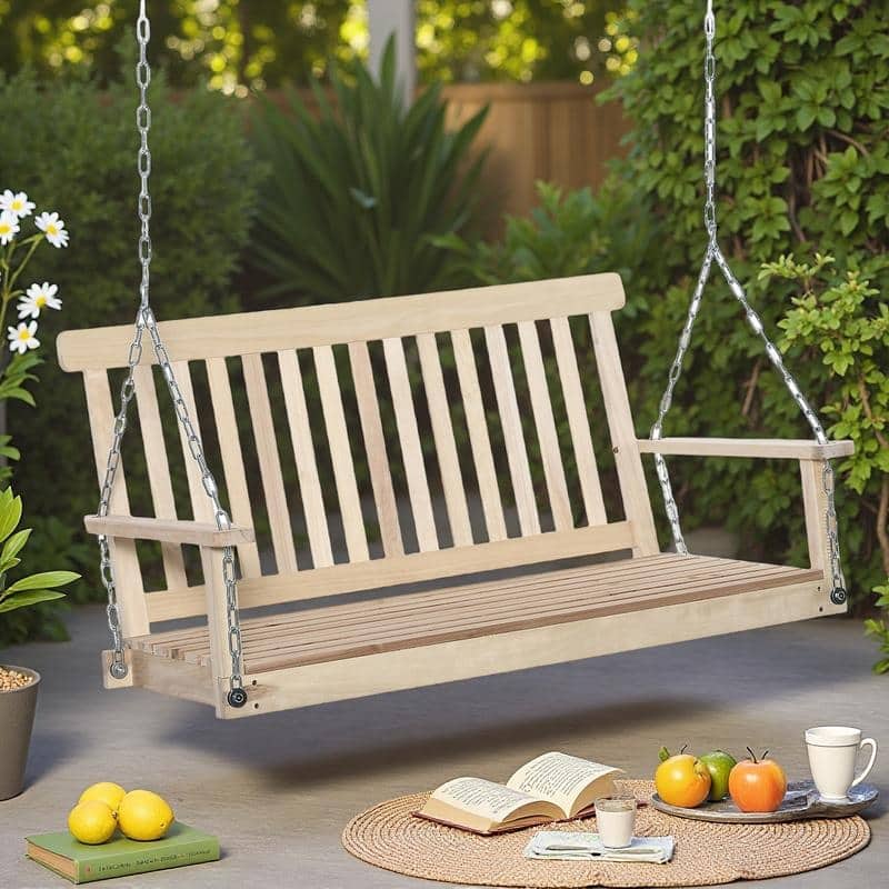 Wood 2-Seater Porch Swing with Chains - Outdoor Patio Hanging Chair (440lb Capacity)