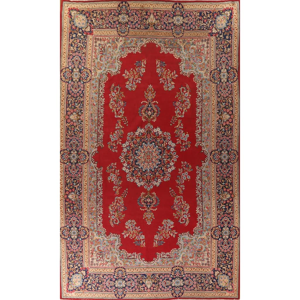 Floral Red Kerman Persian Large Vintage Rug Hand-Knotted Wool Carpet - 9'11" x 16'4"