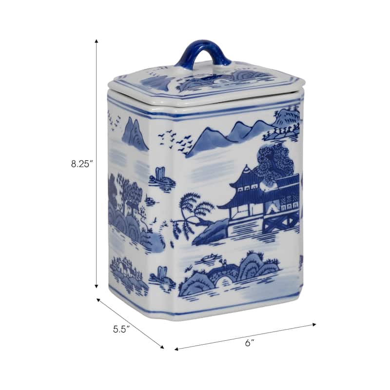Sagebrook Home Stoneware Ceramic Chinoiserie Decorative Container with Lid