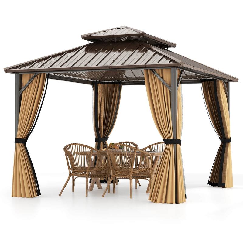 Costway 12 x 10 FT Hardtop Gazebo with Netting Heavy-Duty Double-Roof - Coffee - Coffee - See Details