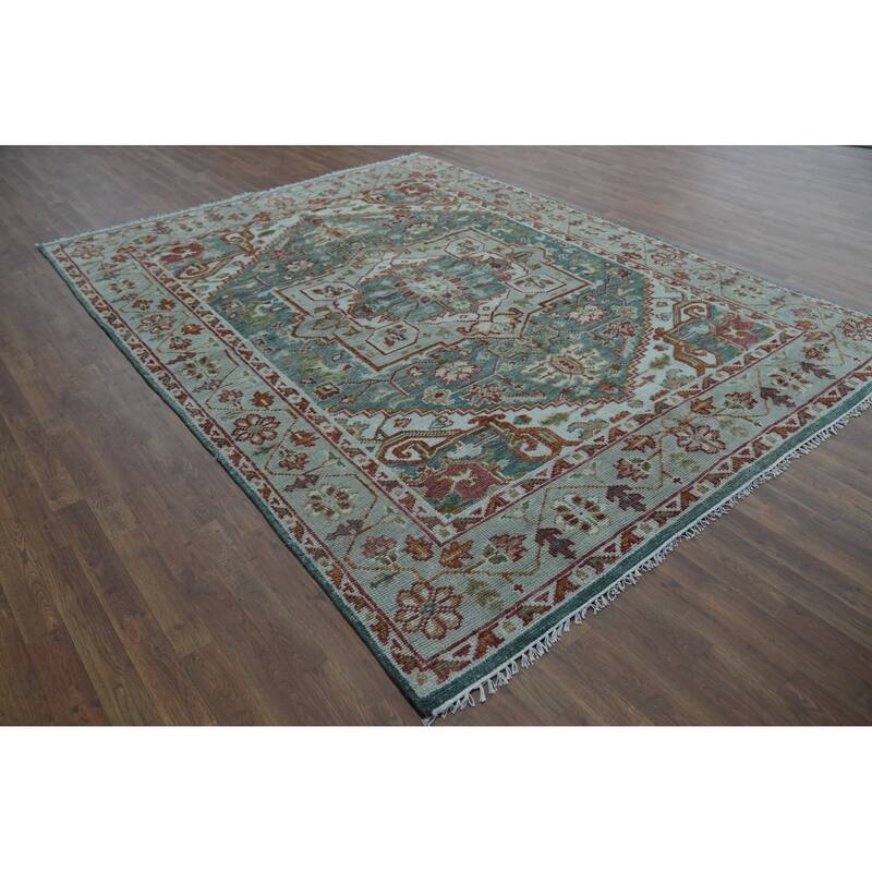 Hand Knotted Oriental 100% Wool Carpet Transitional Medallion Navy Blue & Blues Oushak Area Rug - 9' 11'' X 7' 8''