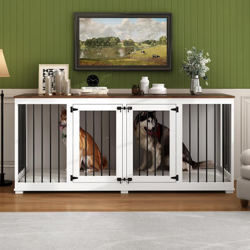 Large Dog Crate Furniture, 70.9"L Wooden Dog Crate Kennel with Divider