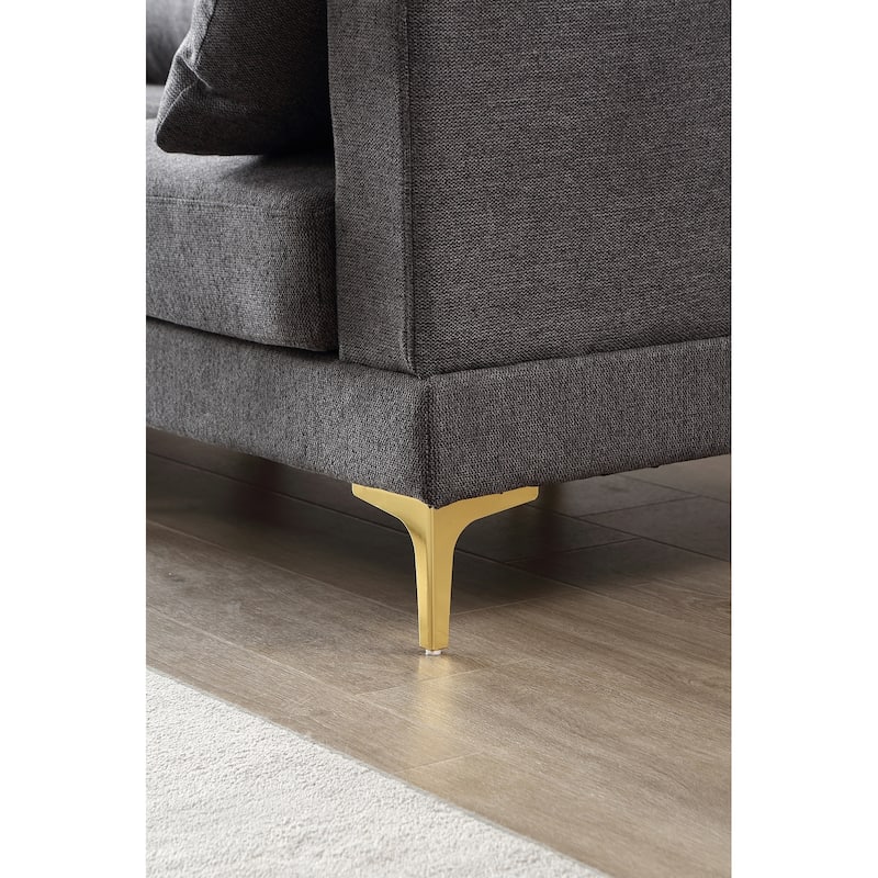92'' Fabric L-Shape 3-Seater Sofa with Ottoman, Gold Metal Legs, and Toss Pillows