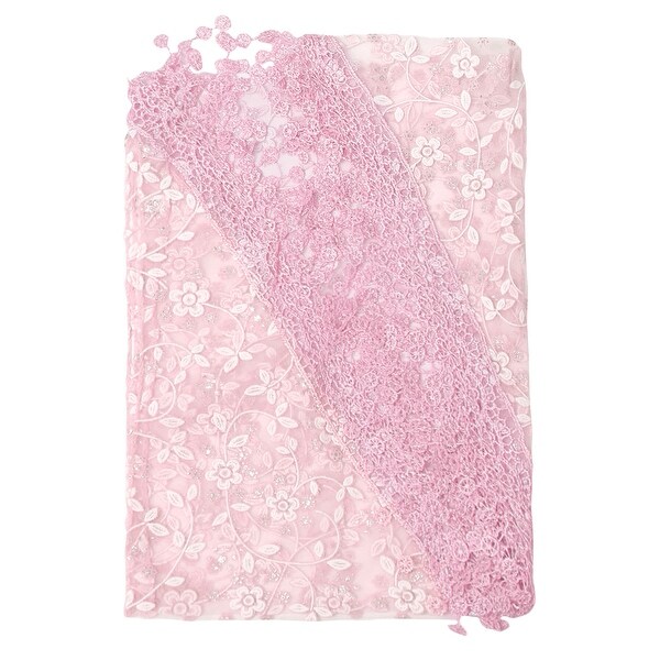 Women Triangle Shape Semi Sheer Tassels Floral Scarf Shawl Pink