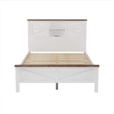 Full Size Farmhouse Platform Bed with Double Sliding Barn Door, Rustic Wood Bed with Charging Station and Slats Support