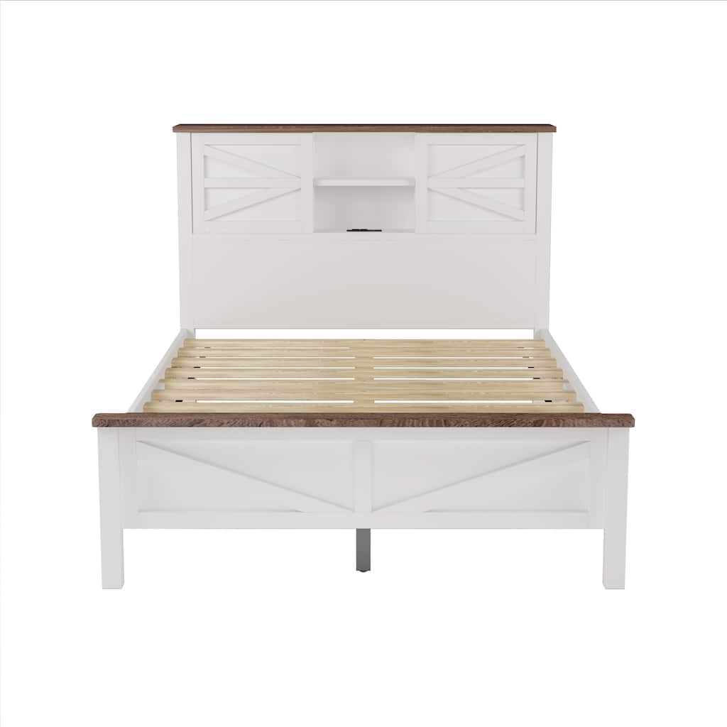 Full Size Farmhouse Platform Bed with Double Sliding Barn Door, Rustic Wood Bed with Charging Station and Slats Support