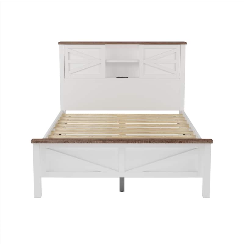 Full Size Farmhouse Platform Bed with Sliding Barn Door & Charging