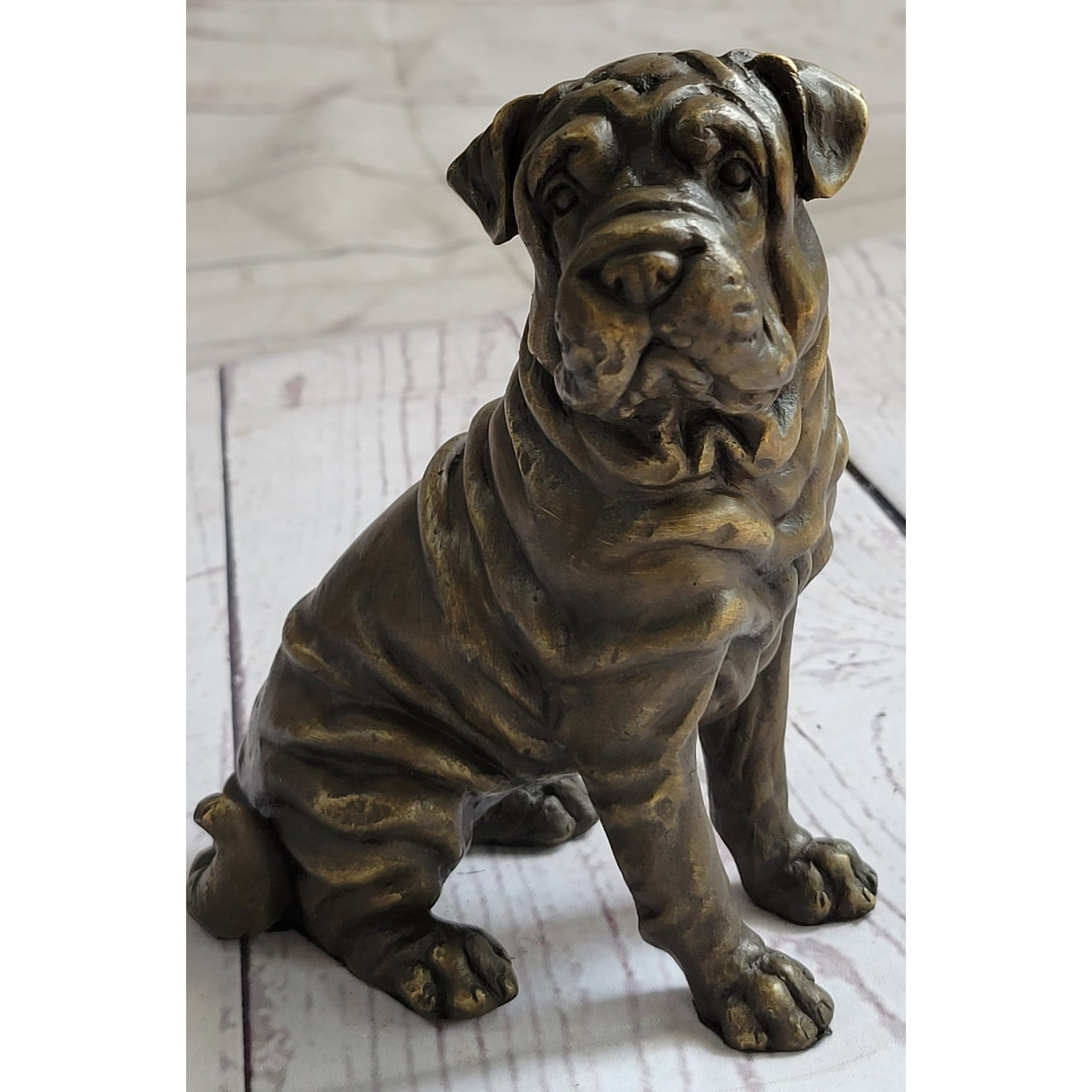 Shar Pei Wrinkly Puppy Dog Bronze Metal Figure Figurine Sculpture Signed Art 6.5 Inches X 6 Inches