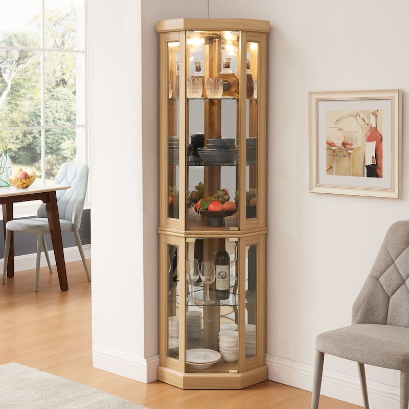 Lighted Corner Curio Cabinet - Display Case, Antique Collectibles, Glass Storage - Elegant Corner Design with Lights Included - Oak