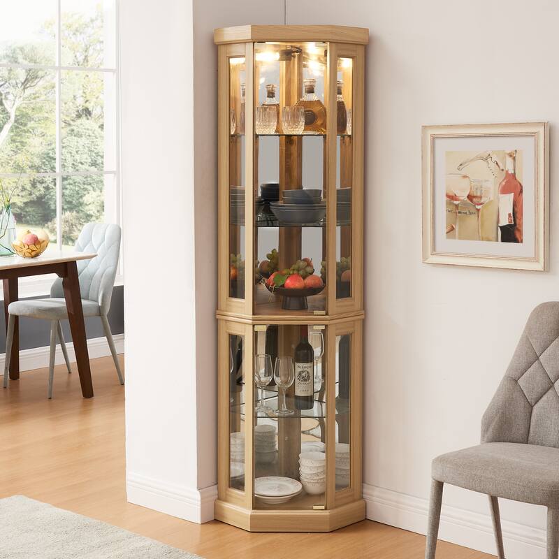 Vintage Display Case with Adjustable Glass Shelves and Lighting System for Living Room, Kitchen