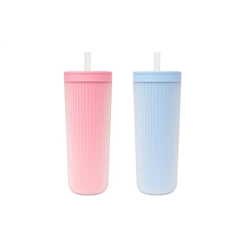Abode Homewares Mesa Cold Double Wall Travel Tumbler w/ Straw - Pink & Green - 24 oz - Set of 2 - Pink