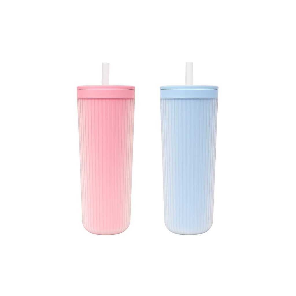 Mesa Cold Double Wall Travel Tumbler with Straw, Pink & Blue, 24 oz, Set of 2