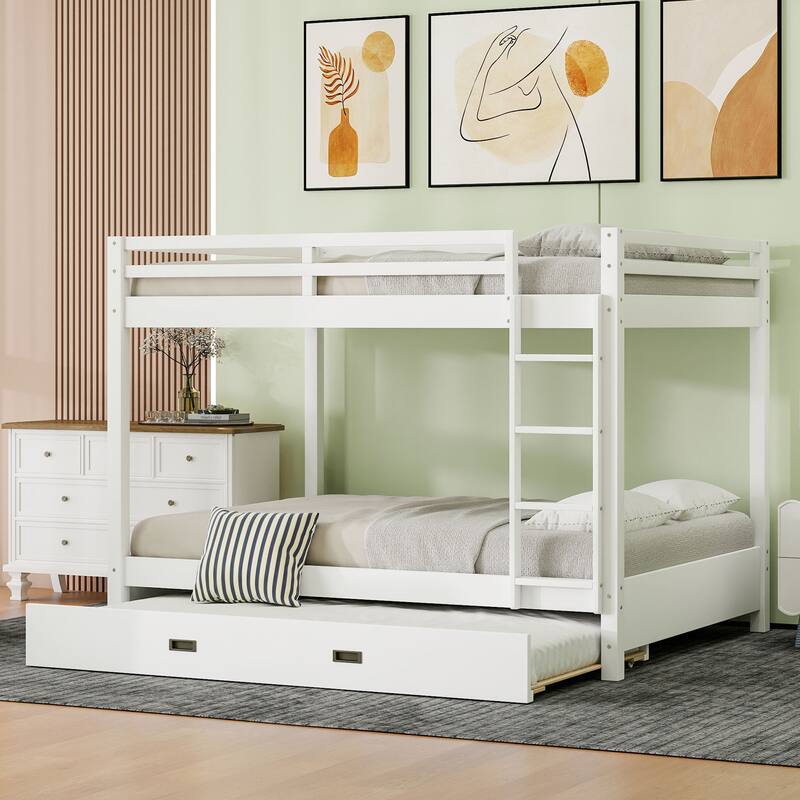 GDFStudio - Solid Wood Queen Bunk Bed with Ladder and Pull-Out Trundle
