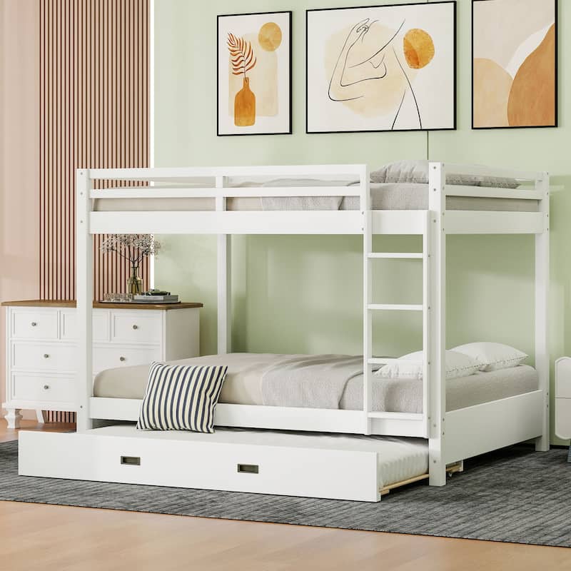 Queen Size Pinewood Bunk Bed with Ladder, Guard Rails and Twin XL Trundle