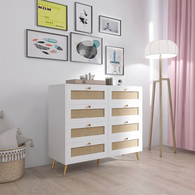 8 Drawers Chest with Rattan Drawer Face Golden Legs and Handles