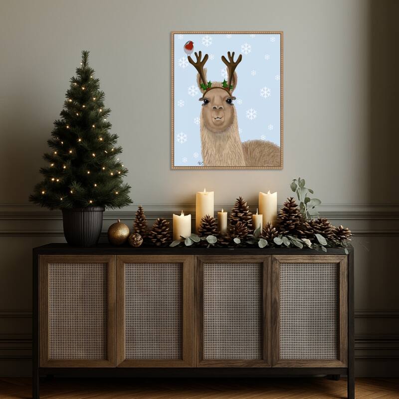 Llama Antlers by Fab Funky (23 x 28 in.), Framed Canvas Wall Art Print - Sylvie Beaded Rustic Natural