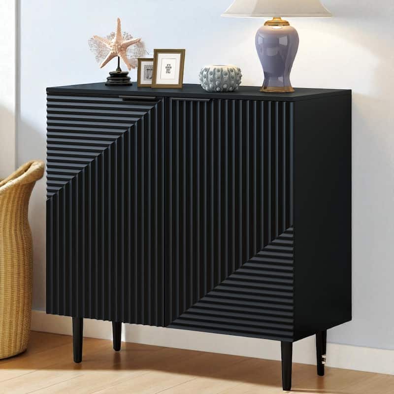 Modern Minimalist Side Cabinet with Adjustable Shelves and Geometric Doors, MDF Top and Metal Legs.