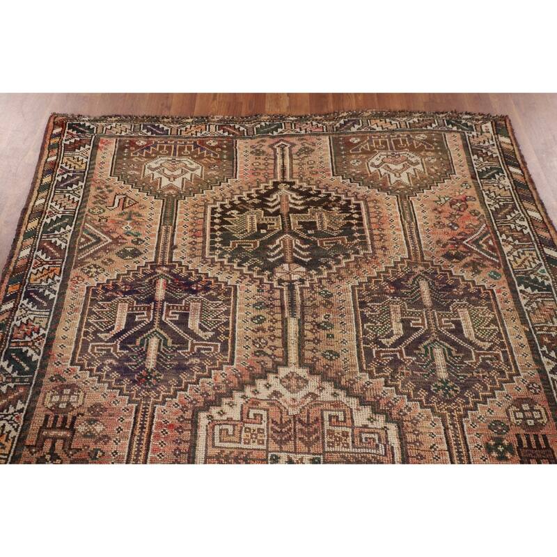 Tribal Geometric Qashqai Persian Antique Rug Hand-Knotted Wool Carpet - 5'0" x 7'11"