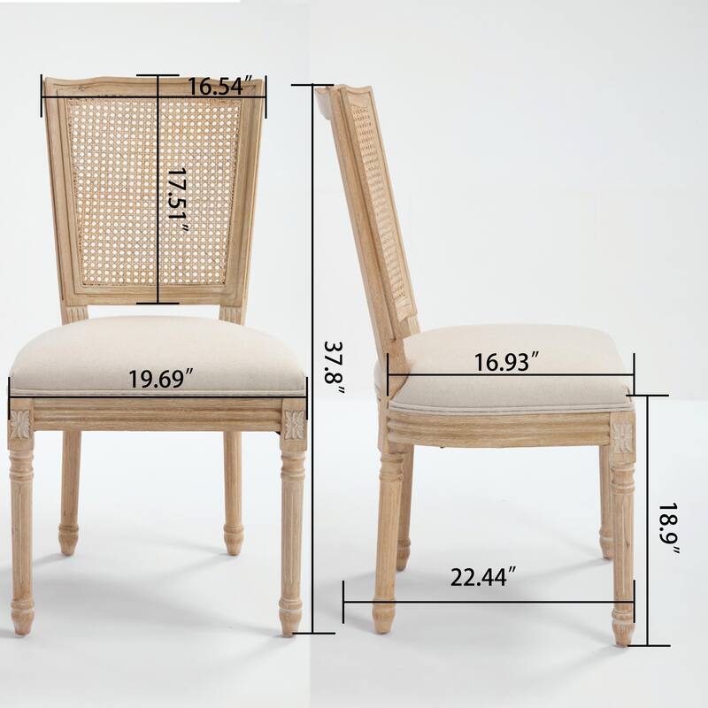 Set of 2 French Country Dining Chairs, Upholstered with Natural Rattan T-Shaped Back