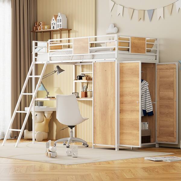 slide 2 of 19, White Twin Size Metal Wood Loft bed with L-shape Desk, Wardrobe, Fence and Ladder White