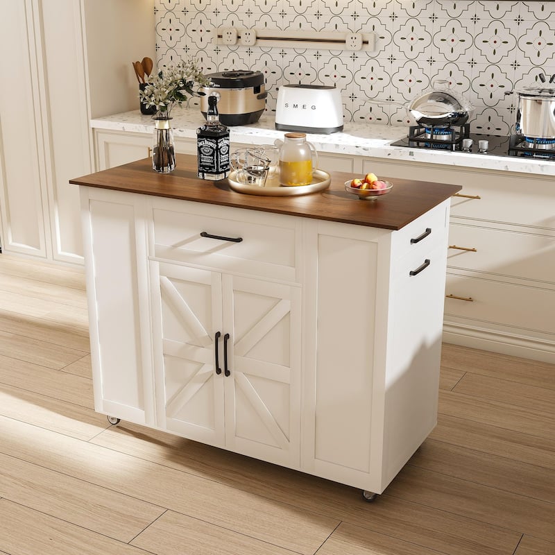 46"Kitchen Island on Wheels with Storage & Power Outlet,Movable Breakfast Bar Table,Wood Top with Adjustable Shelf & Drawer