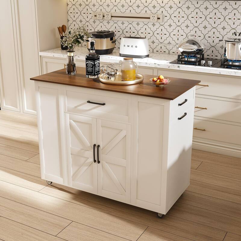 Anmytek White Farmhouse Kitchen Island Cart with Charging Station and Hidden Trash Compartment Rolling Cart for Kitchen Storage