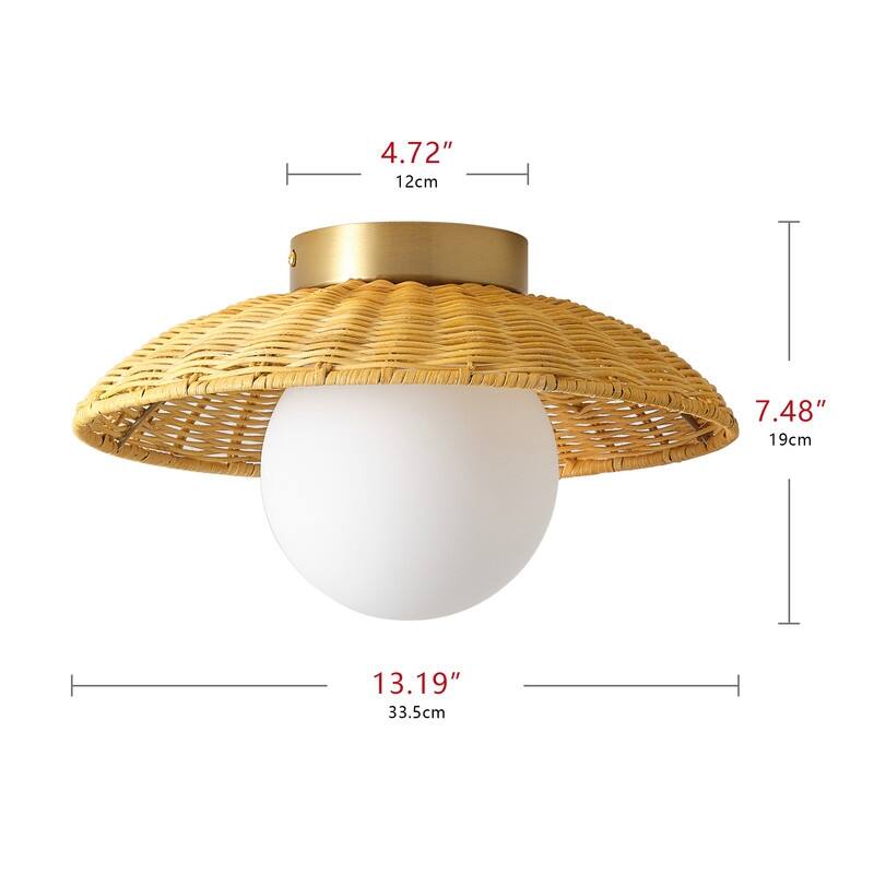 Farmhouse 1-Light Brass Semi-Flush Mount Ceiling Light with Handwoven Rattan Shade