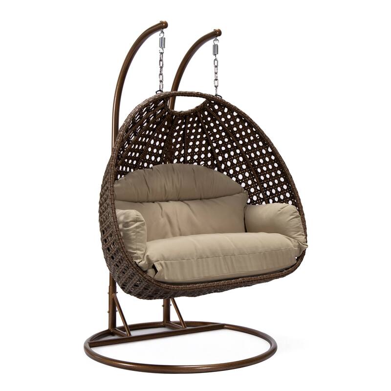 LeisureMod Mendoza Dark Brown 2 Seater Wicker Patio Hanging Double Swing Chair for Patio Porch Backyard Garden - 53" - Taupe