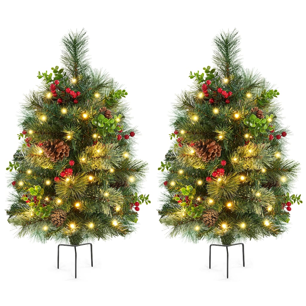 Yaheetech Set of 2 2ft/3ft Pre-lit Outdoor Pathway Christmas Trees with Stakes for Driveway, Yard