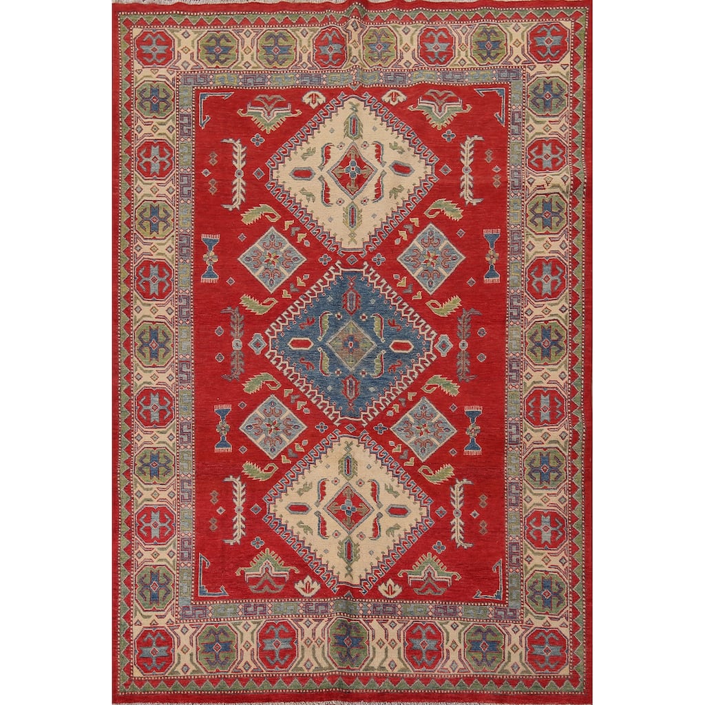 Geometric Kazak Oriental Rug Hand-Knotted Traditional Wool Carpet - 6'7" x 9'0"