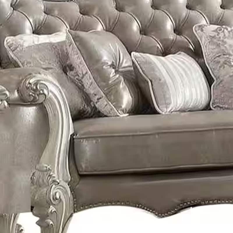 HomeRoots 90" Gray Faux Leather Curved Sofa And Toss Pillows With Bone Legs - 90