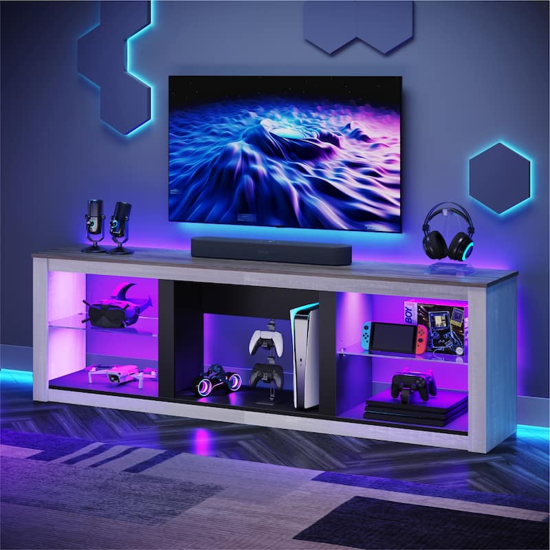 Bestier 70-Inch LED TV Stand with Tempered Glass Shelves and Open Cabinet - 71 in