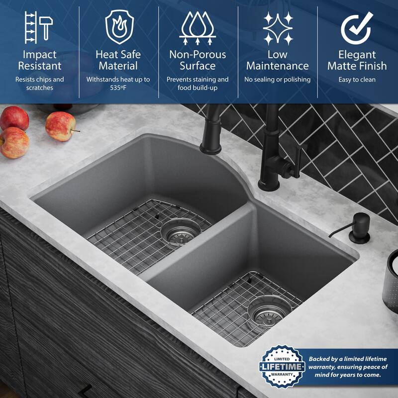 Karran Undermount Quartz 32 in. 60/40 Double Bowl Kitchen Sink Kit
